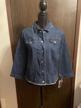 Alia Dark Blue Denim Jacket with Frayed Hem